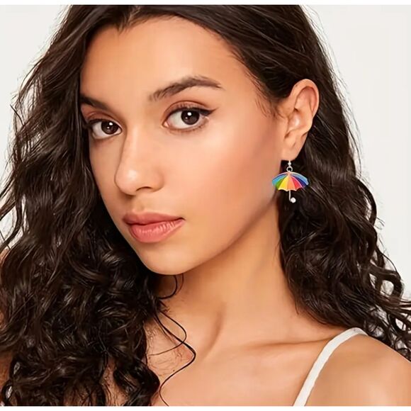 Fun Dangle Umbrella Earrings in Rainbow Colors & Pearl Handle - Picture 2 of 4